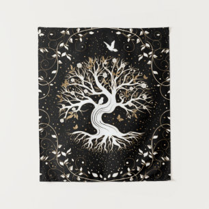 Tree of Life - Yggdrasil - black white and gold Tapestry
