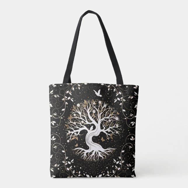 Tree of Life - Yggdrasil - black white and gold Tote Bag (Back)