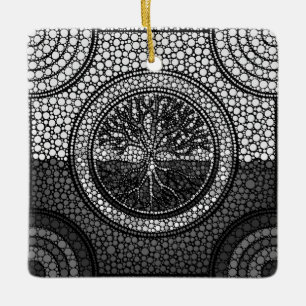 Tree of life - Yggdrasil- Dot Art Grayscale Ceramic Ornament