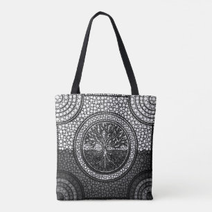Tree of life - Yggdrasil- Dot Art Grayscale Tote Bag