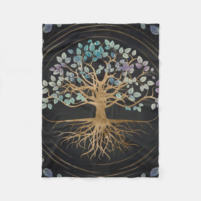Tree of life - Yggdrasil - Gold & Painted Texture Fleece Blanket (Front)