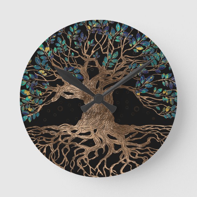 Tree of life -Yggdrasil Golden and Marble ornament Round Clock (Front)