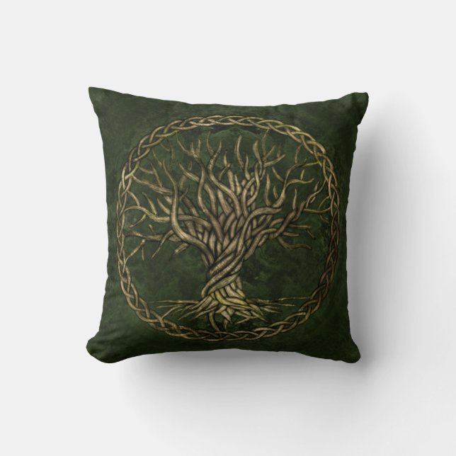 Tree of life -Yggdrasil -green and gold Cushion (Front)