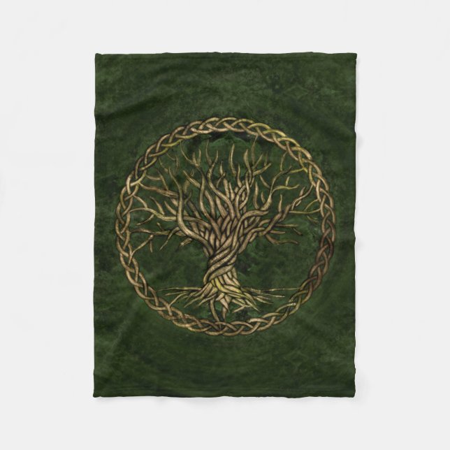 Tree of life -Yggdrasil -green and gold Fleece Blanket (Front)