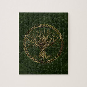 Tree of life -Yggdrasil -green and gold Jigsaw Puzzle