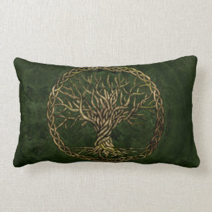 Tree of life -Yggdrasil -green and gold Lumbar Cushion