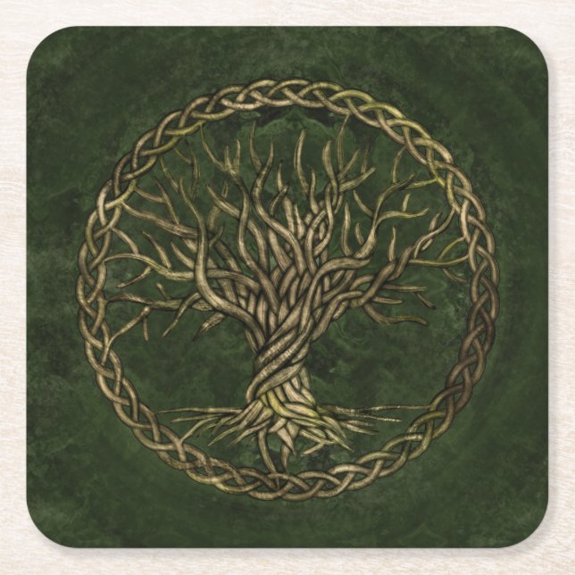 Tree of life -Yggdrasil -green and gold Square Paper Coaster (Front)
