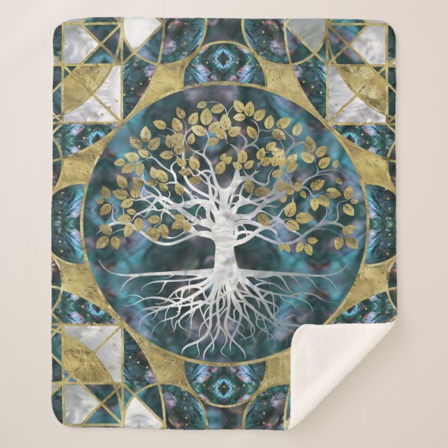 Tree of life - Yggdrasil - Marble and Gold Sherpa Blanket (Front)