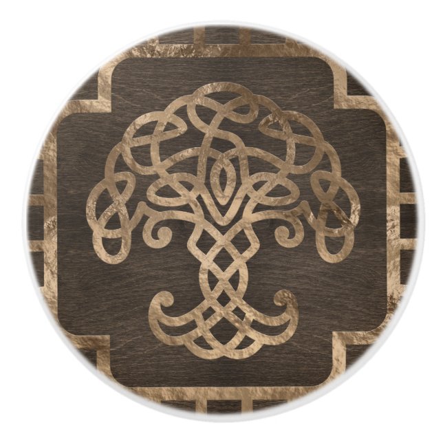 Tree of life -Yggdrasil on Celtic Pattern Ceramic Knob (Front)