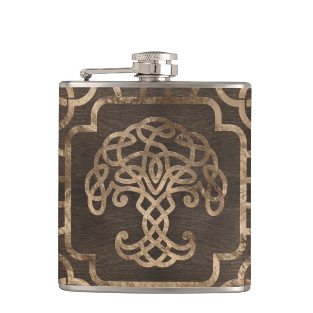 Tree of life -Yggdrasil on Celtic Pattern Hip Flask (Front)