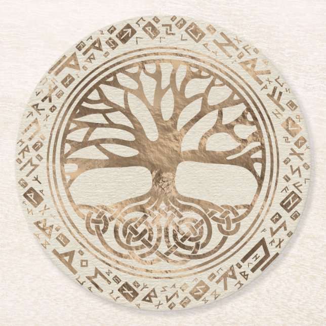 Tree of life -Yggdrasil Runic Pattern Round Paper Coaster (Front)