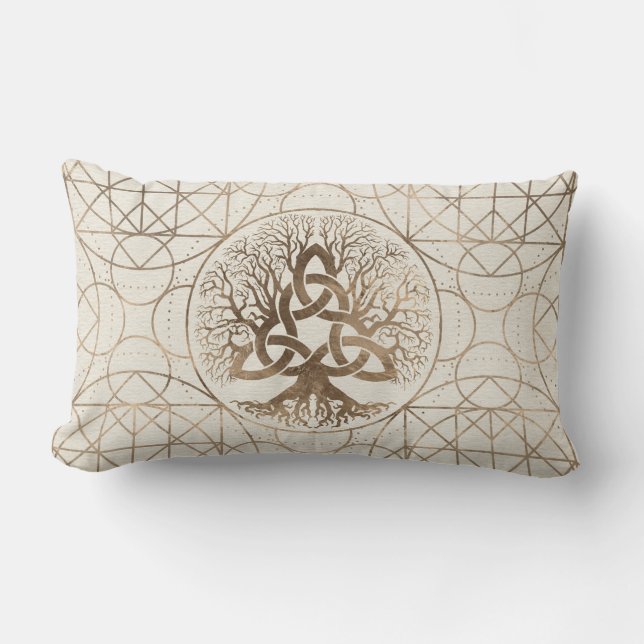 Tree of life -Yggdrasil with Triquetra Pastel gold Lumbar Cushion (Front)