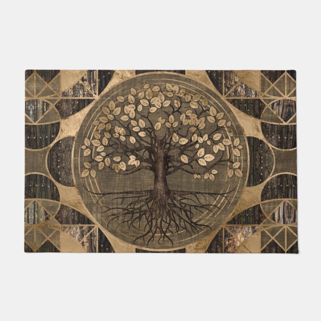 Tree of life - Yggdrasil - Wood and Gold Doormat (Front)