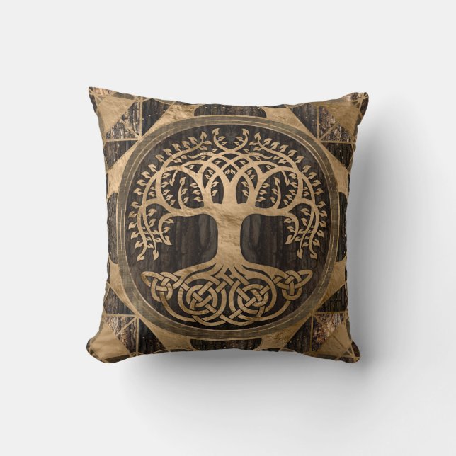 Tree of life -Yggdrasil - Wood Bark and Gold Cushion (Front)