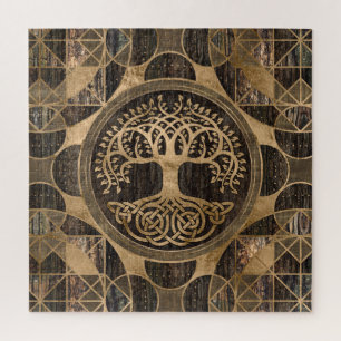 Tree of life -Yggdrasil - Wood Bark and Gold Jigsaw Puzzle