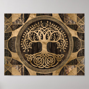 Tree of life -Yggdrasil - Wood Bark and Gold Poster