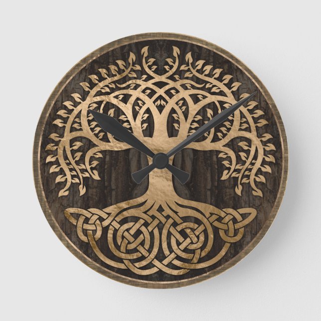 Tree of life -Yggdrasil - Wood Bark and Gold Round Clock (Front)