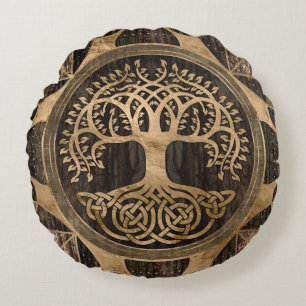 Tree of life -Yggdrasil - Wood Bark and Gold Round Cushion