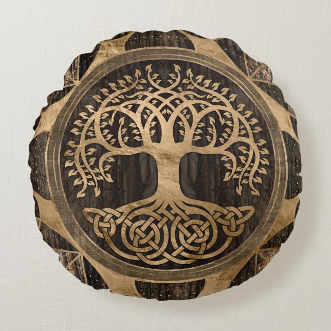 Tree of life -Yggdrasil - Wood Bark and Gold Round Cushion (Front)
