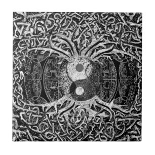 Tree of Life Yin Yang in Black and White Tile