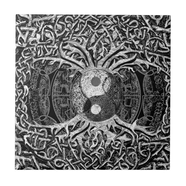 Tree of Life Yin Yang in Black and White Tile (Front)