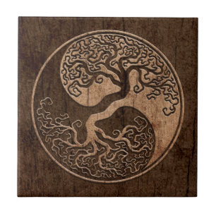 Tree of Life Yin Yang with Wood Grain Effect Ceramic Tile