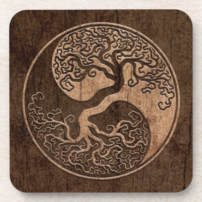 Tree of Life Yin Yang with Wood Grain Effect Coaster (Front)