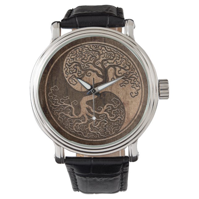 Tree of Life Yin Yang with Wood Grain Effect Watch (Front)