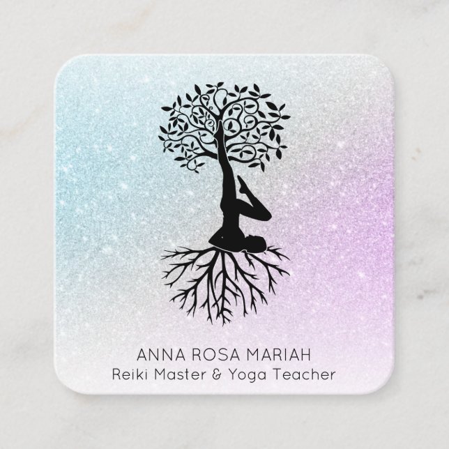 *~*  Tree of Life Yoga Pastel Glitter Man Woman  Square Business Card (Front)