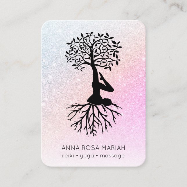 *~*  Tree of Life Yoga Zen QR Pastel Glitter Business Card (Front)
