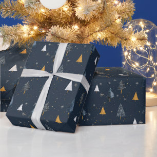 Tree Pattern & Stars On Dark Blue Background Wrapping Paper