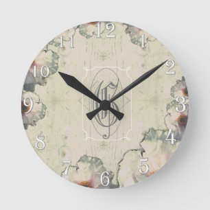 Tree Peony and Wood Monogram Round Clock