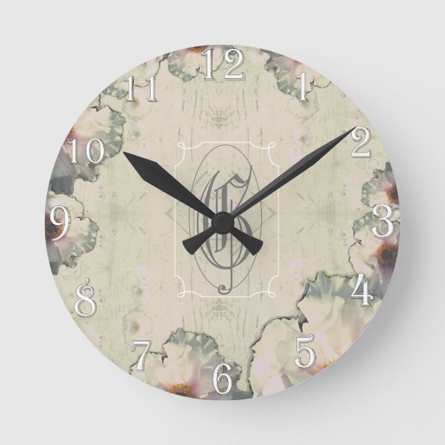 Tree Peony and Wood Monogram Round Clock (Front)