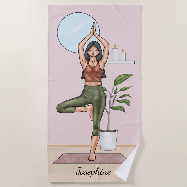 Tree Pose Yoga Vrikshasana Woman With Custom Name Beach Towel (Front)