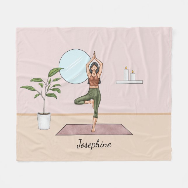 Tree Pose Yoga Vrikshasana Woman With Custom Name Fleece Blanket (Front (Horizontal))