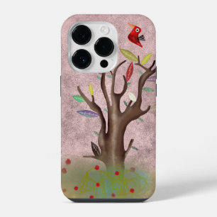Tree red bird painted art pale pink iPhone 14 pro case