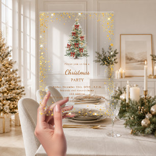 Tree red bows gold glitter Christmas Party Acrylic Invitations