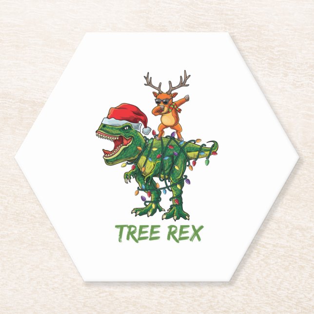 Tree Rex Dinosaur Christmas Costume Xmas Tree Ligh Paper Coaster (Front)