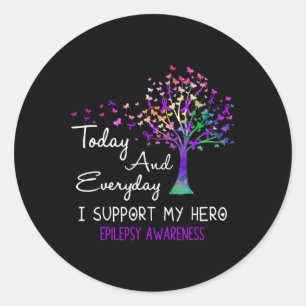 Tree Ribbon I Support My Hero Epilepsy Awareness  Classic Round Sticker