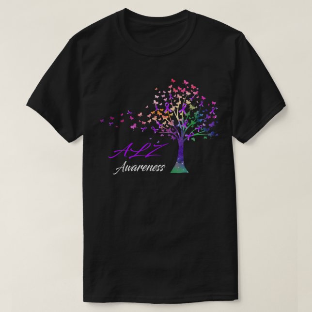 Tree Ribbons ALZ Awareness Support ALZ Warrior   T-Shirt (Design Front)