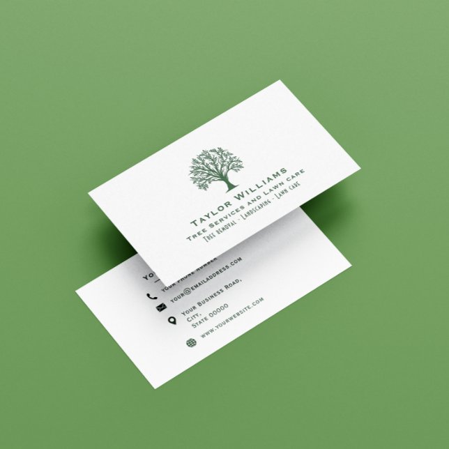 Tree Service Landscaping Lawn Care Green And White Business Card (Creator Uploaded)