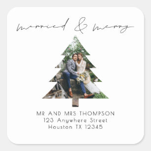 Tree Shape Photo Married Merry Return Address  Square Sticker