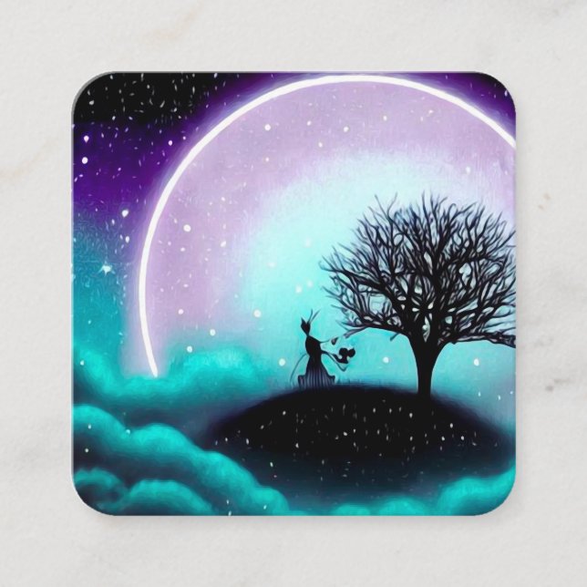 Tree Silhouette & Big Moon Square Business Card (Front)