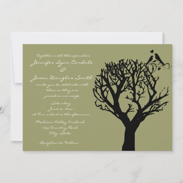 Tree Silhouette Love Birds Sage Wedding Invitation (Front)