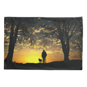 Tree Silhouette of Man and Dog at Sunset Pillowcase