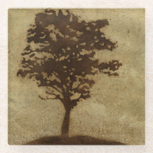 Tree Silhouette on Bronze Background Glass Coaster