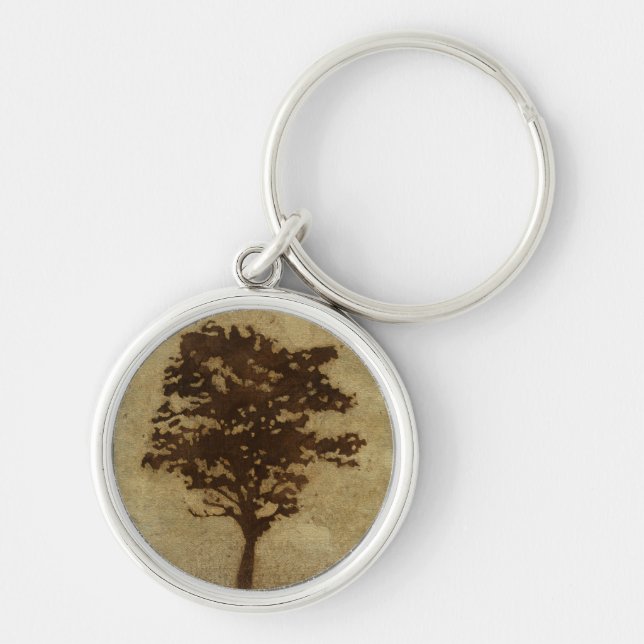 Tree Silhouette on Bronze Background Key Ring (Front)
