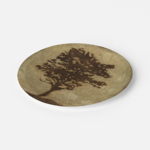 Tree Silhouette on Bronze Background Paper Plate