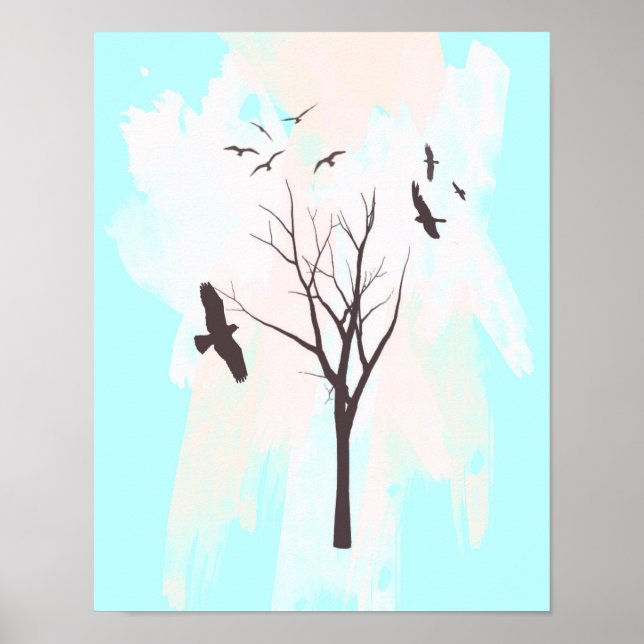 Tree Silhouette With Birds - Poster Print (Front)