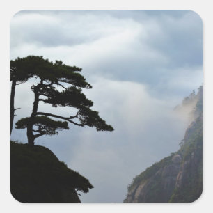 Tree silhouetted at sunrise, Yellow Mountain, Square Sticker